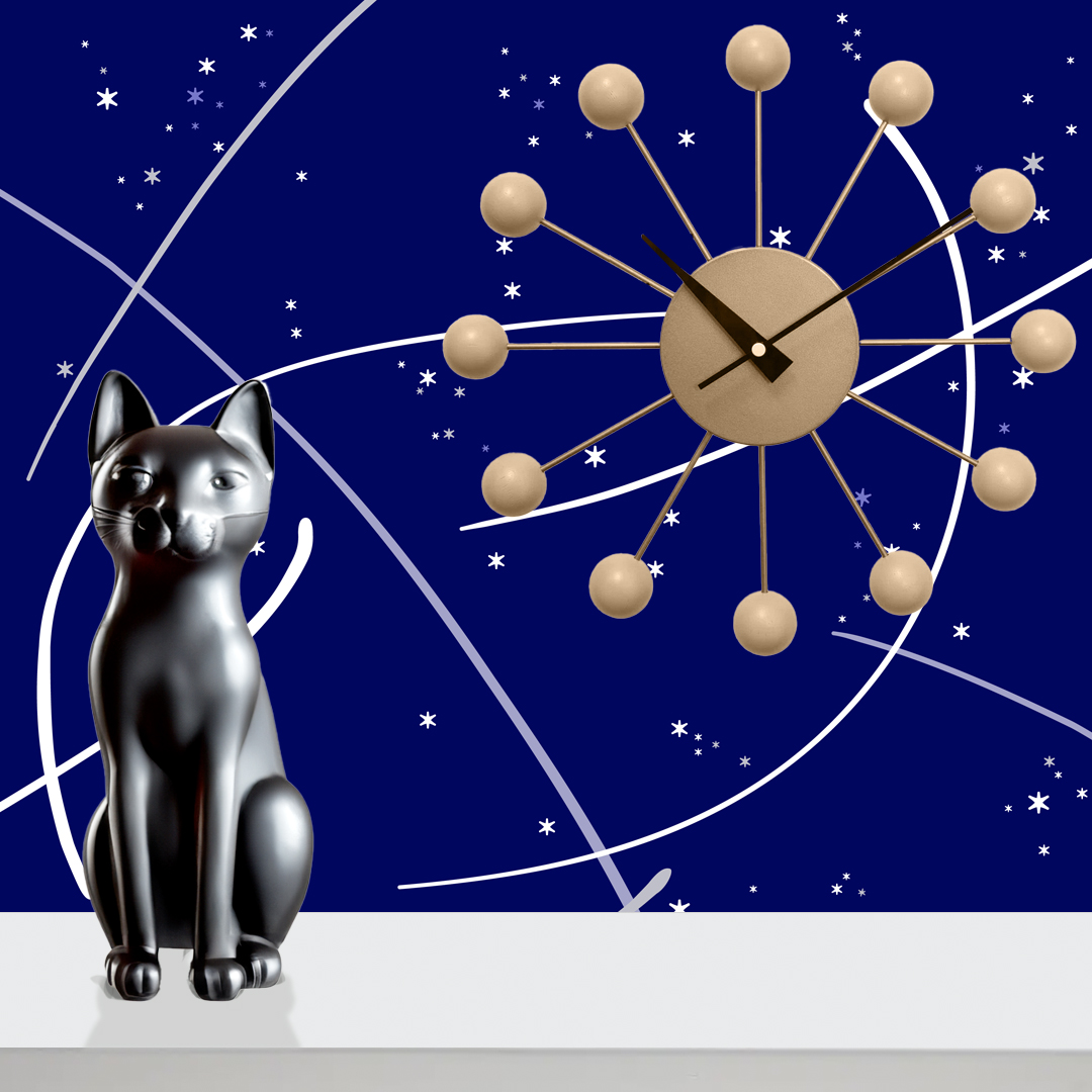 The artwork consists of a deep navy blue background adorned with numerous white star-like shapes scattered throughout, creating a celestial atmosphere. Over this starry field, several sweeping, curved white lines intersect and flow diagonally across the canvas, adding dynamic movement to the composition. The overall effect is a stylized and abstract representation of a night sky with constellations or cosmic trajectories.